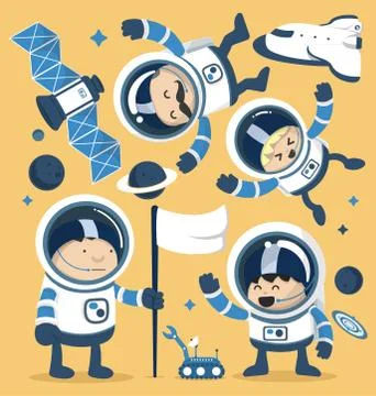 Set character astronauts in space and Rocket Ships Robots,Planets.Vector il.. Stock Illustration