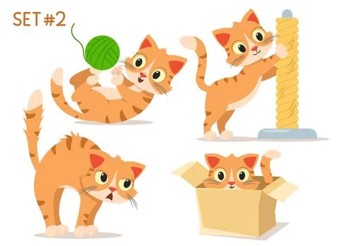 Set of character cats. Cat playing, sharpening its claws, arching its back .. Stock Illustration