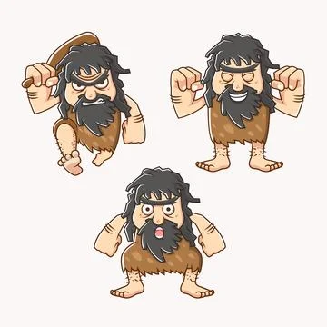 Set character of a cave man in stone age with different style, facial express Stock Illustration