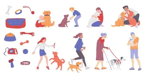 Set of characters with animals and pets care supplies, flat vector isolated. Stock Illustration