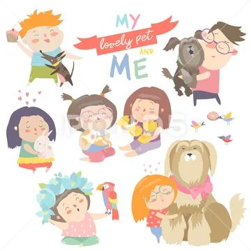 Set of characters. Children with pets. Stock Illustration