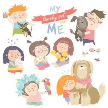 Set of characters. Children with pets. Stock Illustration
