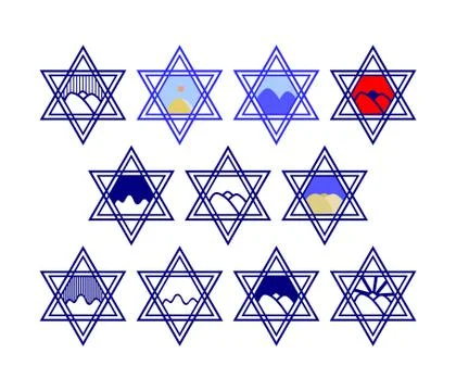 Set of characters comprising hexagram symbols and the silhouette of the hills Stock Illustration
