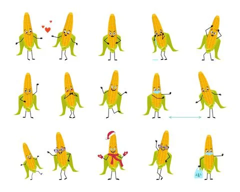 Set of characters corn with emotions, face, hands and legs Stock Illustration