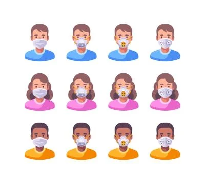 Set of characters in different types of face masks. Medical protection flat i Illustrazione stock
