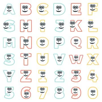 A set of characters in the form of letters and numbers with an eccentric face Stock Illustration