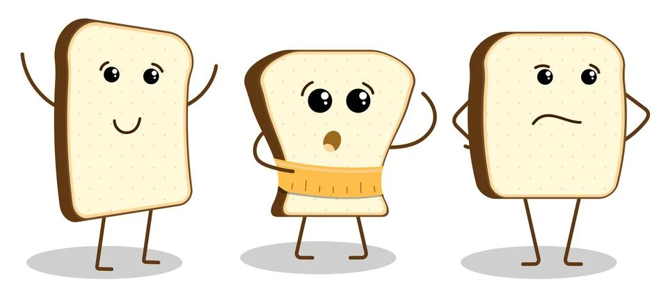 Set of characters, funny pieces of bread in wounded expression. Cheerful, s.. Stock-Illustration
