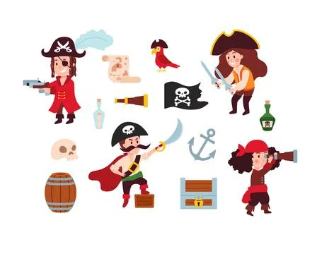 Set of characters, items for pirate adventures on white background, vector 스톡 일러스트