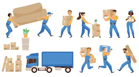 Set of characters of loaders or movers, flat vector illustration isolated. Illustrazione stock
