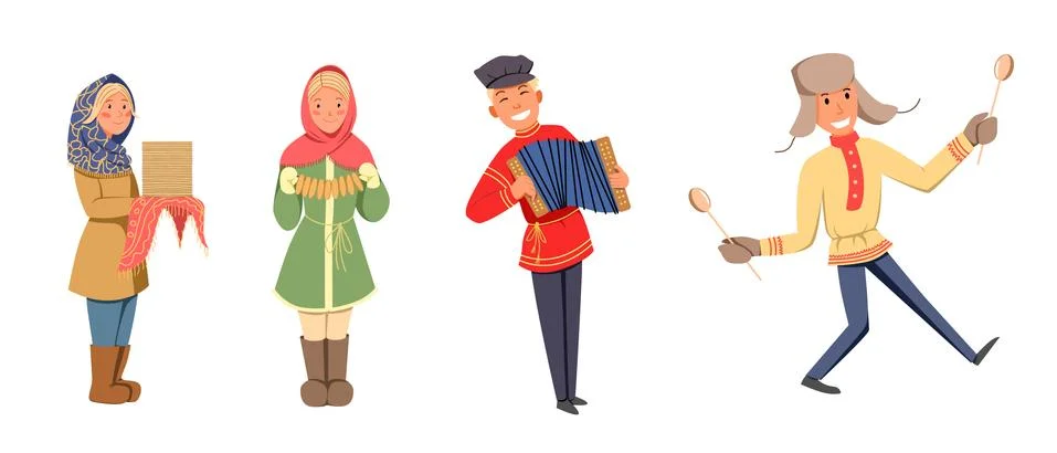 A set of characters for the Maslenitsa holiday. Illustrazione stock