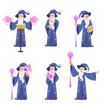 Set of characters of old magic wizard man with a hat and a beard, vector concept Stock Illustration