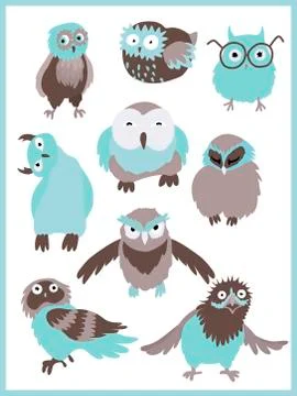 Set of characters of owl 9 designs. Birds in different emotions. Vector cartoon Stock Illustration