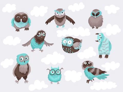 Set of characters of owl 9 designs. Birds in different emotions. Vector cartoon Stock Illustration