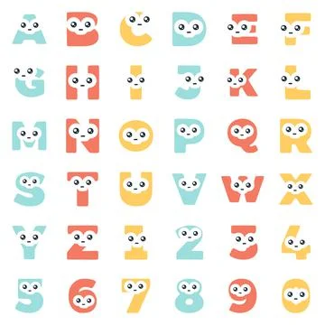 Set characters in the shape of letters and numbers with a cute face, vector c Stock Illustration
