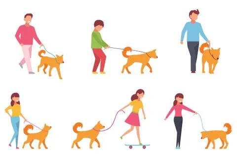 A set of characters walk with a dog. Vector illustration in simple style on w Stock Illustration