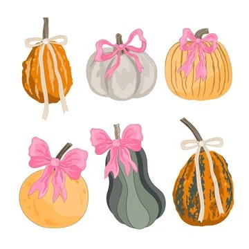 Set of charming autumn pumpkins with a tied bows. The concept of an autumn .. Stock Illustration