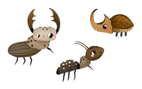 Set of charming hand-drawn beetles and a friendly ant in warm earth tones. .. Stock Illustration