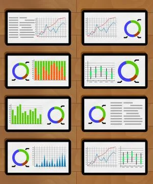 Set of chart and graphic on tablets Stock Illustration