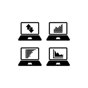 Set of charts and graphs on laptop. Statistics, pictogram, data set on isolat Stock Illustration
