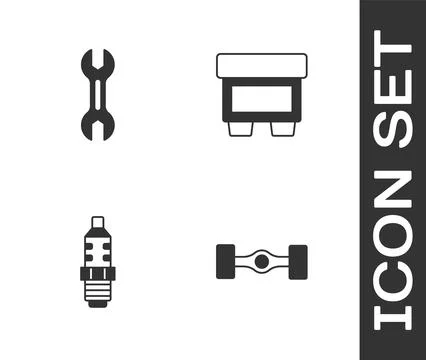 Set Chassis car, Wrench spanner, Car spark plug and Fuse icon. Vector Stock Illustration