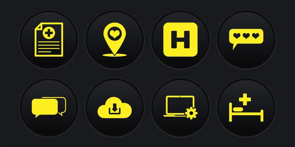 Set Chat, Like and heart, Cloud download, Laptop gear, Hospital and Map pointer イラスト素材