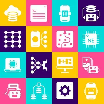 Set Chat bot, Artificial intelligence robot, Processor CPU, AI, Neural network Stock Illustration