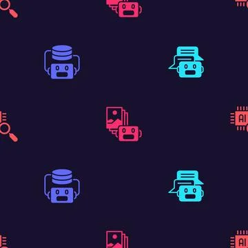 Set Chat bot, Artificial intelligence robot, and Processor CPU on seamless Illustrazione stock