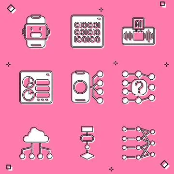 Set Chat bot, Binary code, Artificial intelligence AI, Computer api interface Stock Illustration