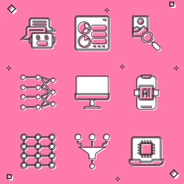 Set Chat bot, Computer api interface, Photo retouching, Neural network, monitor Illustrazione stock