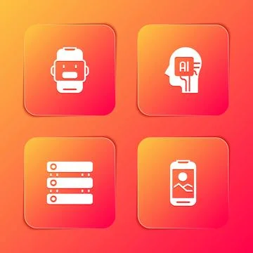 Set Chat bot, Humanoid robot, Server, Data and Mobile phone icon. Vector Illustrazione stock