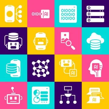 Set Chat bot, Humanoid robot, Cloud database, Binary code, Artificial intel.. イラスト素材