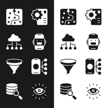 Set Chat bot, Network cloud connection, Neural network, Funnel filter, Arti.. Stock Illustration