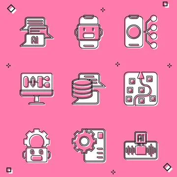 Set Chat bot, Neural network, Algorithm, Server, Data, Robot setting and icon 스톡 일러스트