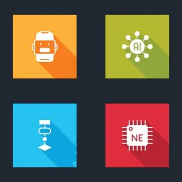 Set Chat bot, Neural network, Algorithm and Processor CPU icon. Vector イラスト素材