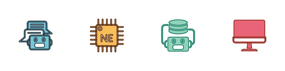 Set Chat bot, Processor CPU, Artificial intelligence robot and Computer mon.. Stock Illustration