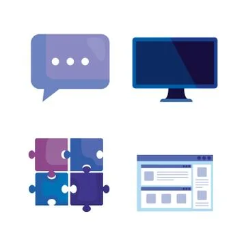 Set of chat bubble with computer technology and puzzles with website 스톡 일러스트
