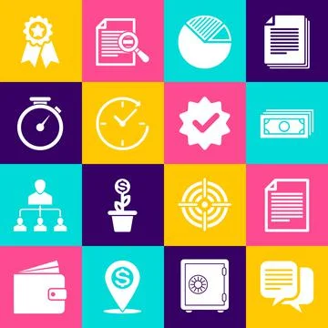 Set Chat, Document, Stacks paper money cash, Pie chart infographic, Clock with Illustrazione stock