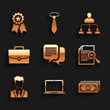 Set Chat, Laptop, Stacks paper money cash, Document with search, User of man in 库存插图