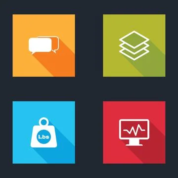Set Chat, Layers, Weight pounds and Monitor with cardiogram icon. Vector Ilustração Stock