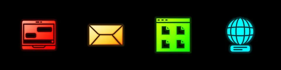 Set Chat messages on laptop, Envelope, Browser files and Worldwide icon. Vector Stockillustratie