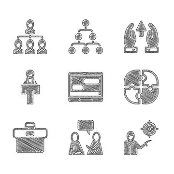 Set Chat messages on laptop, Two sitting men talking, Marketing target strategy イラスト素材