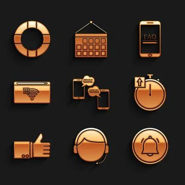 Set Chat messages on mobile, Man with headset, Button chat notification Stock Illustration