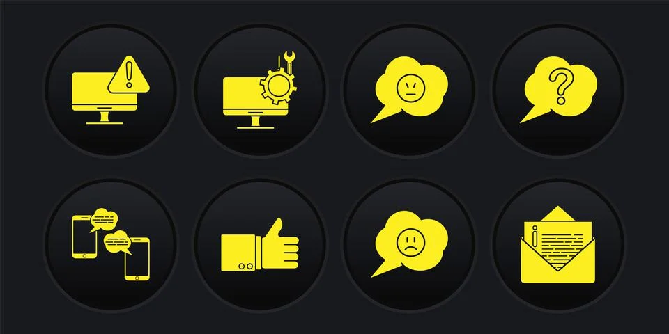 Set Chat messages on mobile, Speech bubble Question, Hand thumb up, with sad Stock Illustration