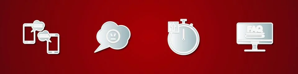Set Chat messages on mobile, Speech bubble with angry smile, Stopwatch and Mo Stock Illustration