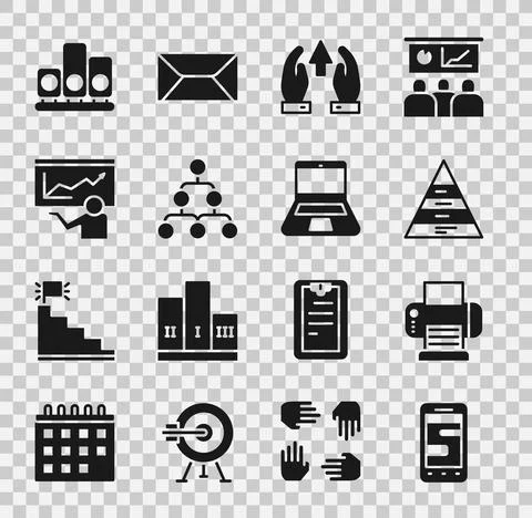 Set Chat messages on phone, Printer, Pyramid chart infographics, Growth and p Stock Illustration