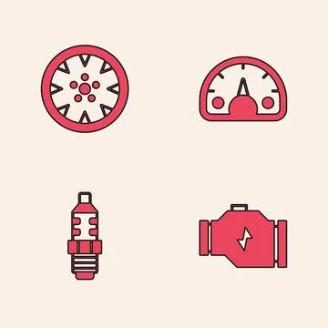 Set Check engine, Alloy wheel, Speedometer and Car spark plug icon. Vector Stock Illustration