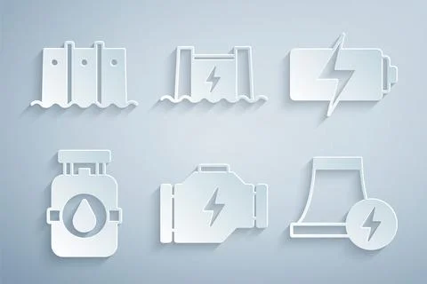 Set Check engine, Battery, Propane gas tank, Nuclear power plant, Hydroelectric Ilustración de archivo