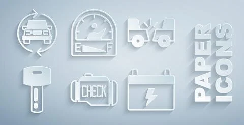Set Check engine, Car accident, key with remote, battery, Motor gas gauge and Stock Illustration