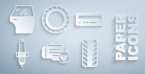 Set Check engine, Car audio, spark plug, tire wheel, and door icon. Vector Stock Illustration