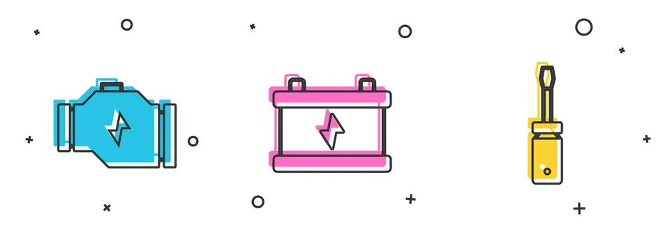 Set Check engine, Car battery and Screwdriver icon. Vector Stock Illustration